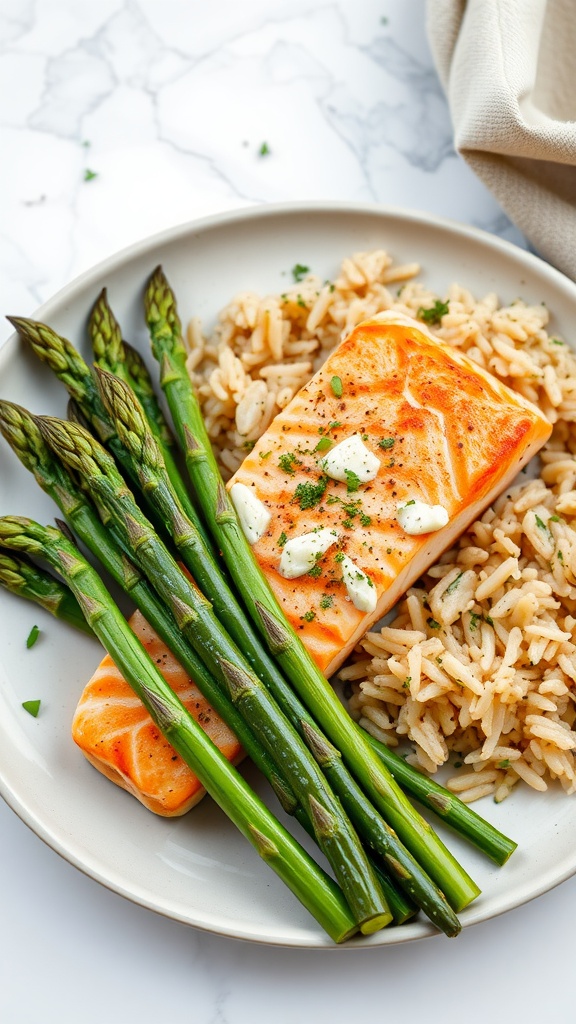 Baked salmon fillets with asparagus and brown rice on a plate.