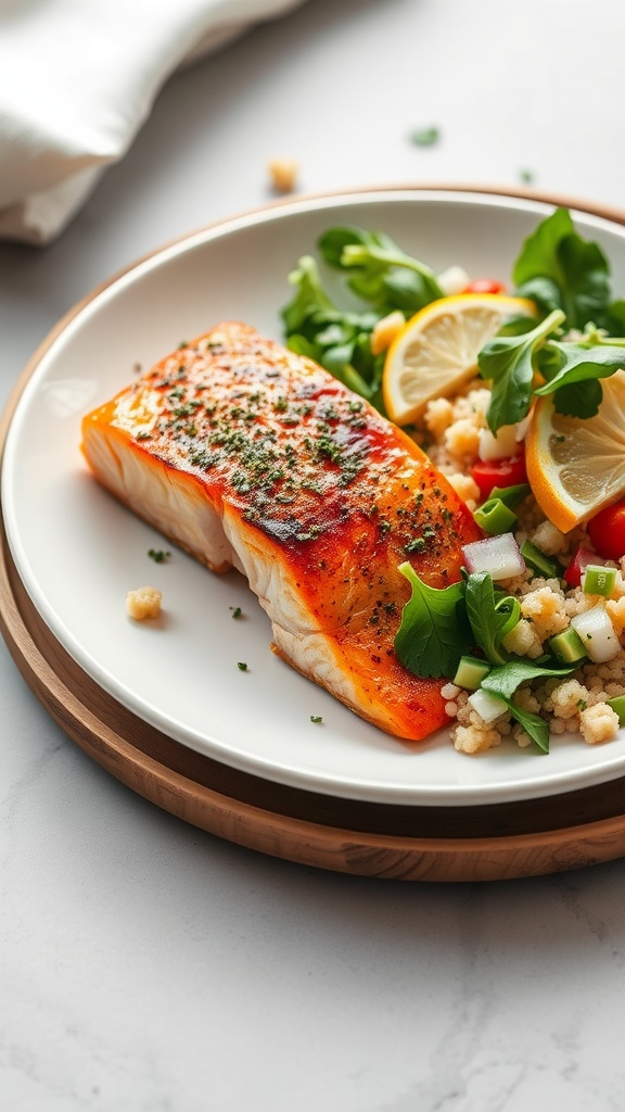 A plate of baked salmon with a colorful quinoa salad, featuring fresh vegetables and lemon slices.