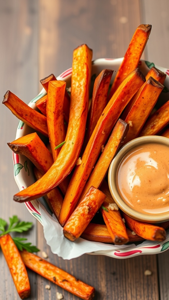 Baked sweet potato fries served with a spicy dipping sauce