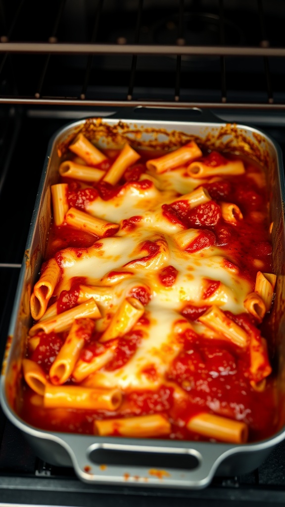 A delicious baked ziti with marinara sauce topped with melted cheese, ready to be served.