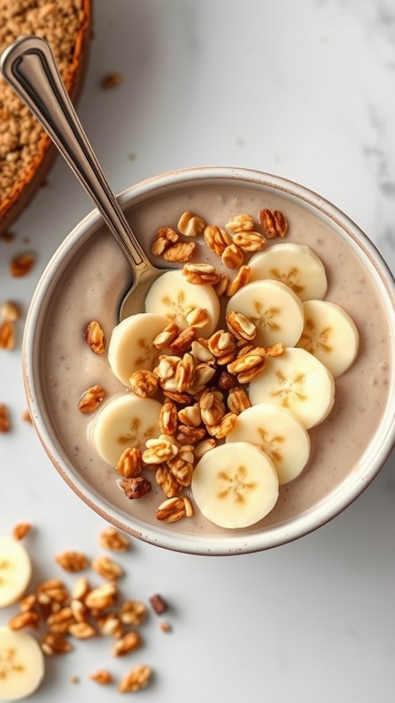 A bowl of Banana Bread Smoothie topped with sliced bananas and granola.