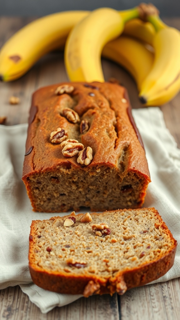A loaf of banana bread with walnuts, sliced with bananas in the background.