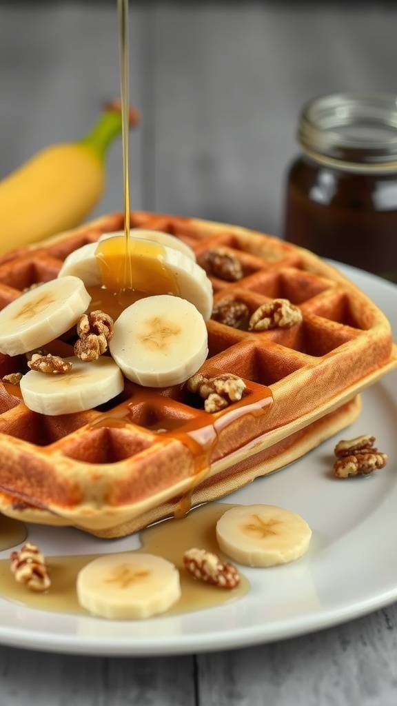 Delicious banana nut waffles topped with sliced bananas and syrup