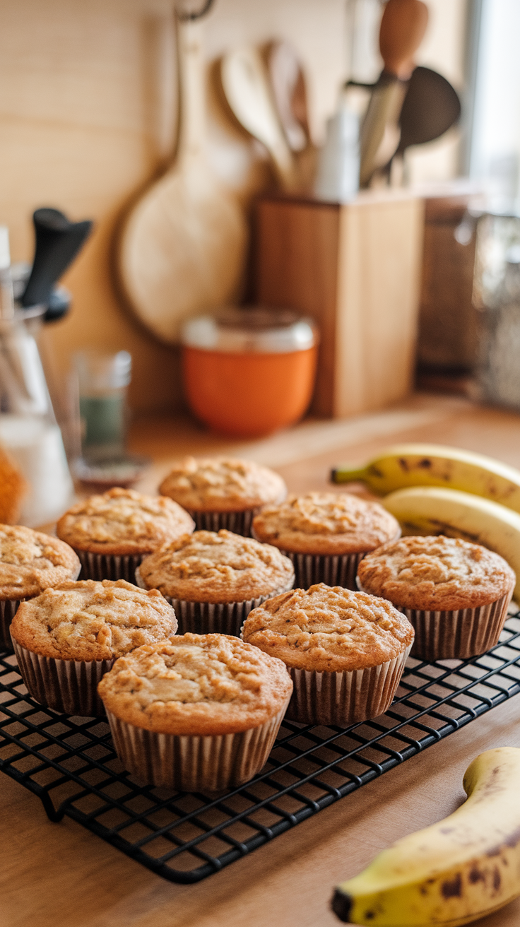 Freshly baked banana oatmeal muffins cooling on a wire rack with bananas in the background.