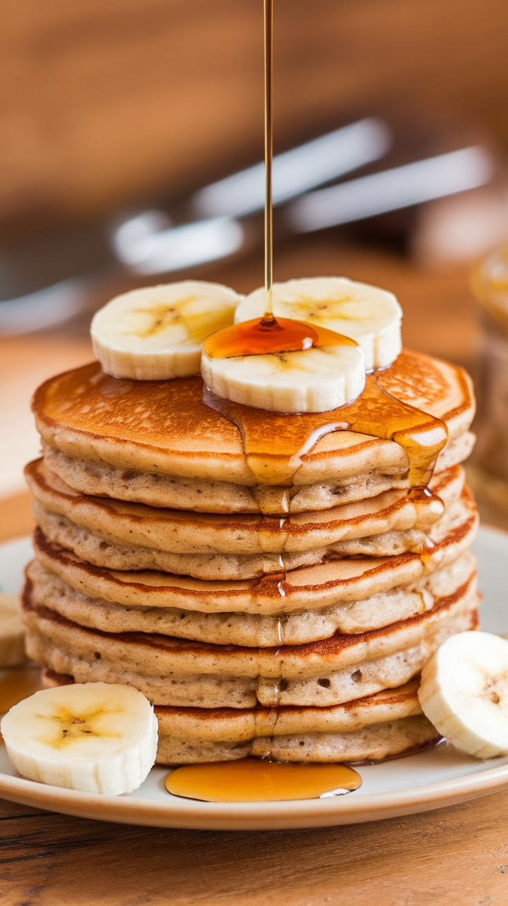 A stack of fluffy banana oatmeal pancakes topped with banana slices and syrup.