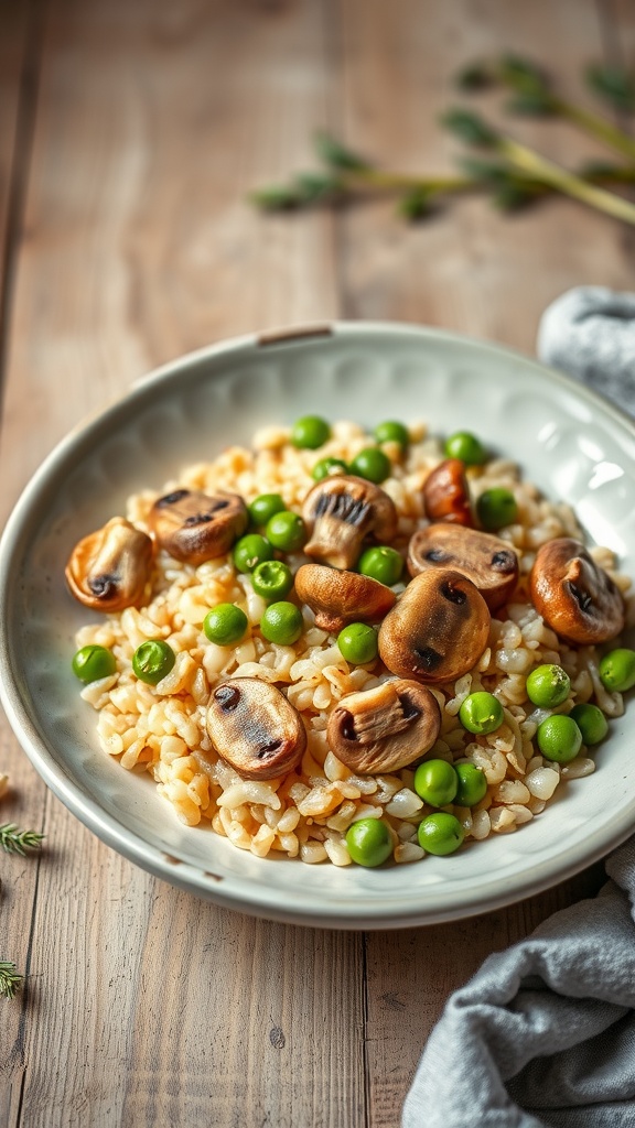 A plate of barley risotto with mushrooms and peas.