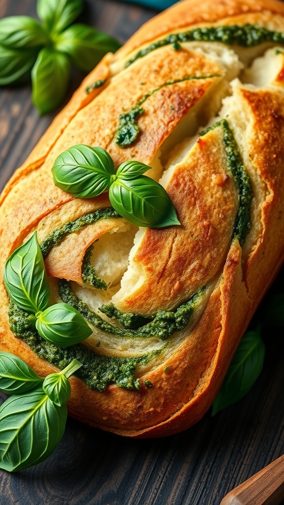 A freshly baked loaf of basil pesto bread with green basil leaves.