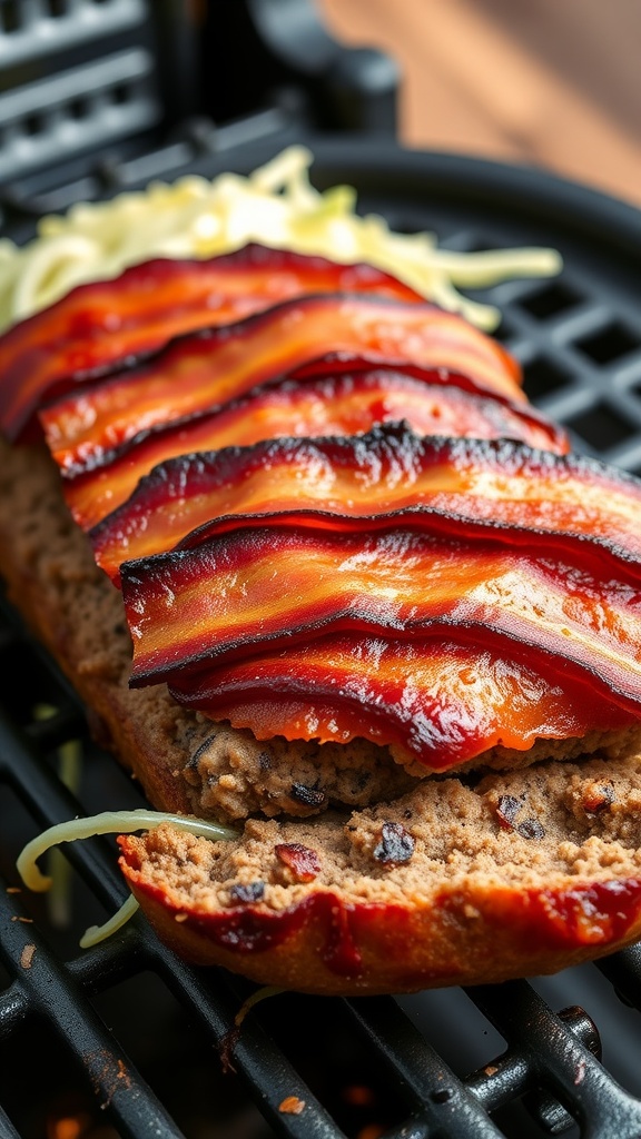 BBQ Bacon Meatloaf, a delicious meatloaf topped with crispy bacon and barbecue sauce.