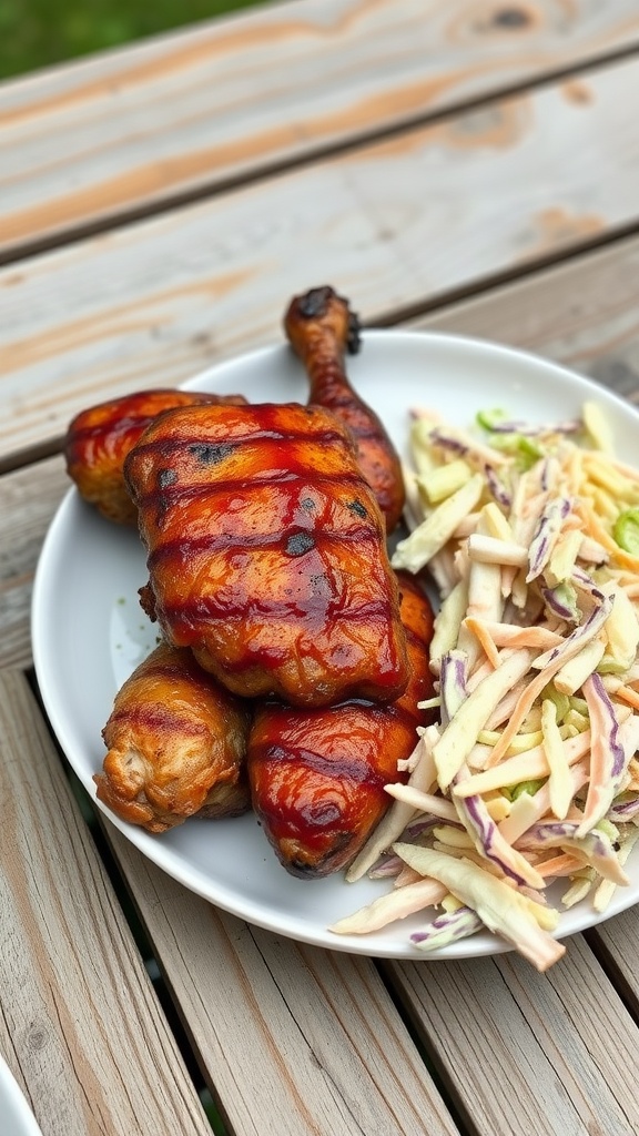 BBQ chicken served with coleslaw on a plate