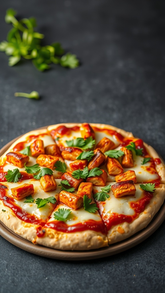 A delicious BBQ chicken pizza topped with cilantro and served on a wooden plate.