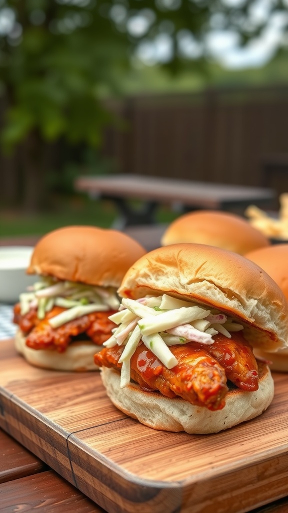 BBQ chicken sliders with coleslaw on a wooden board