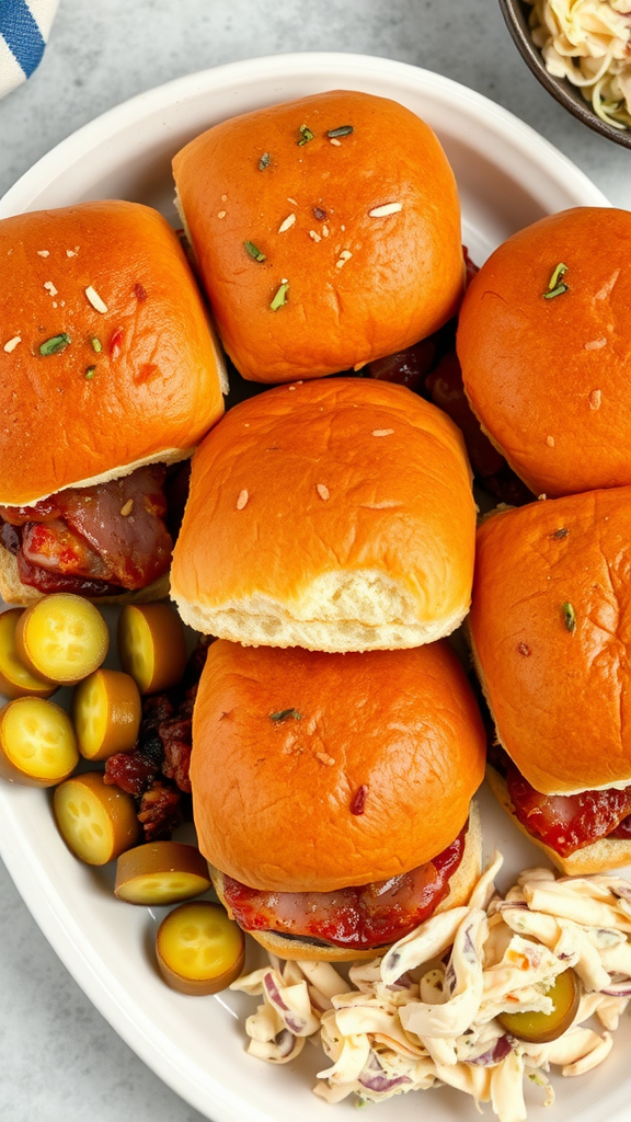 A plate of BBQ ham sliders with pickles and coleslaw.