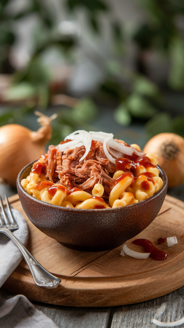 Delicious BBQ Pulled Pork Mac and Cheese served in a bowl