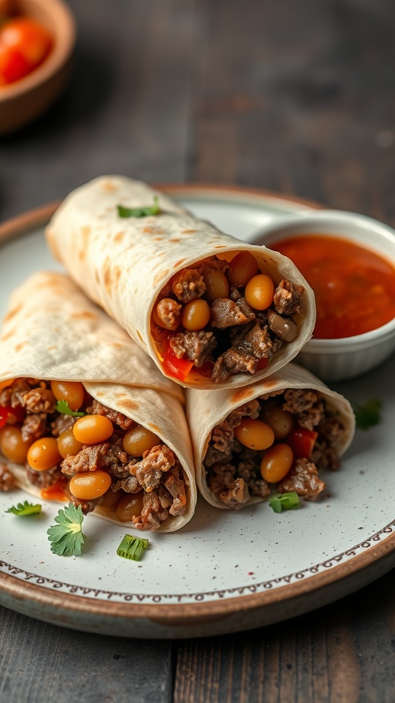 Three beef and bean burritos on a plate with salsa on the side.