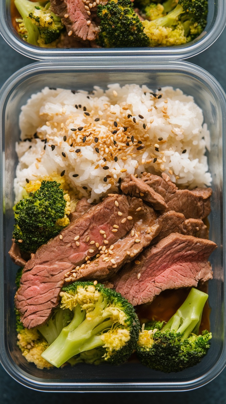 A balanced meal prep container featuring beef and broccoli served with rice and sesame seeds.