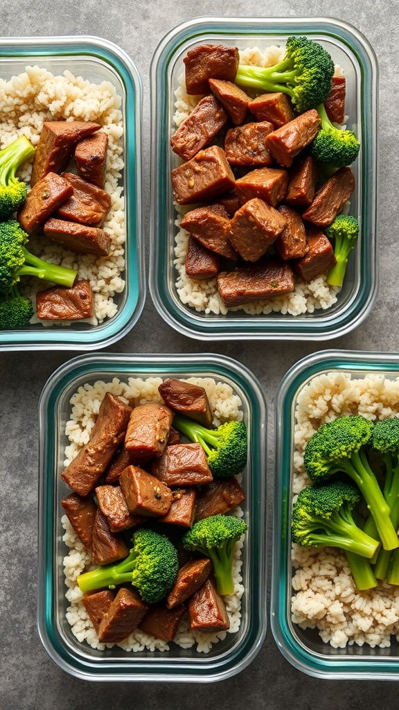 Beef and Broccoli Meal Prep Packs with rice and broccoli in glass containers
