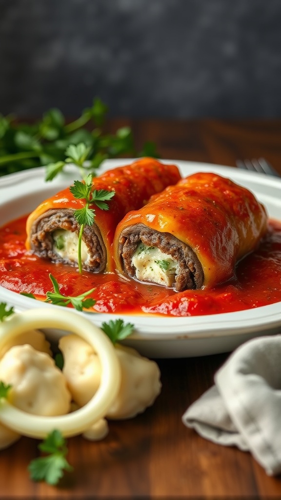 Beef braciole with marinara sauce on a plate, garnished with parsley.