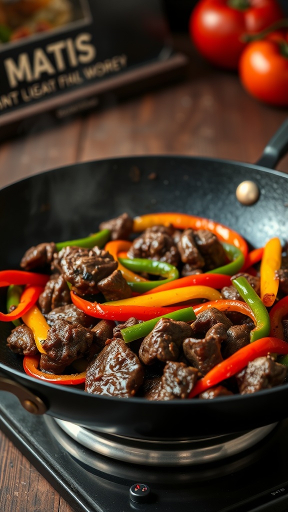 A colorful beef stir-fry with bell peppers in a black wok.