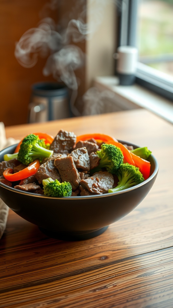 A delicious bowl of beef stir-fry with broccoli and bell peppers.