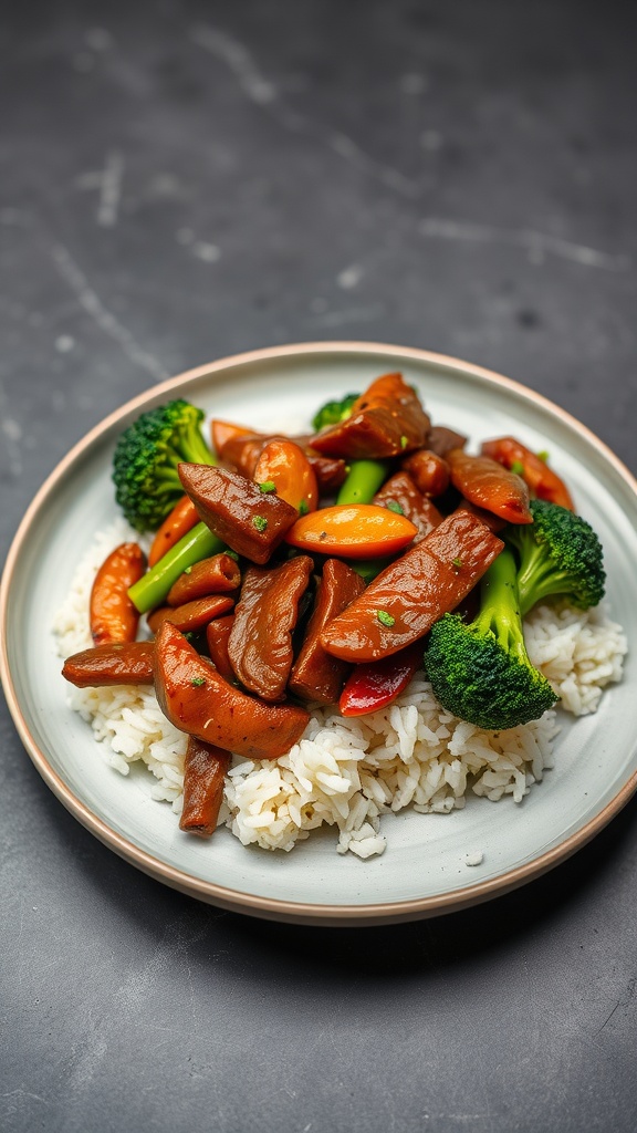 A plate of beef stir-fry with broccoli and rice, featuring vibrant vegetables.