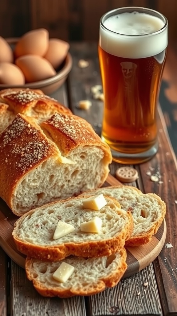 Delicious beer bread with cheese slices served on a wooden board.
