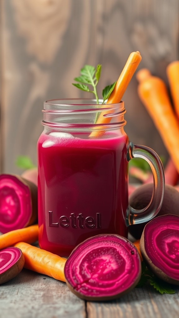 A glass of beetroot and carrot juice surrounded by fresh beets and carrots.