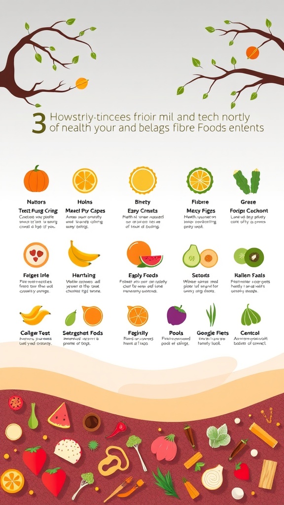 A variety of high fiber foods including fruits and vegetables.