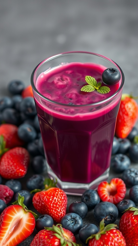 A refreshing glass of Berry Antioxidant Power Juice surrounded by fresh berries.