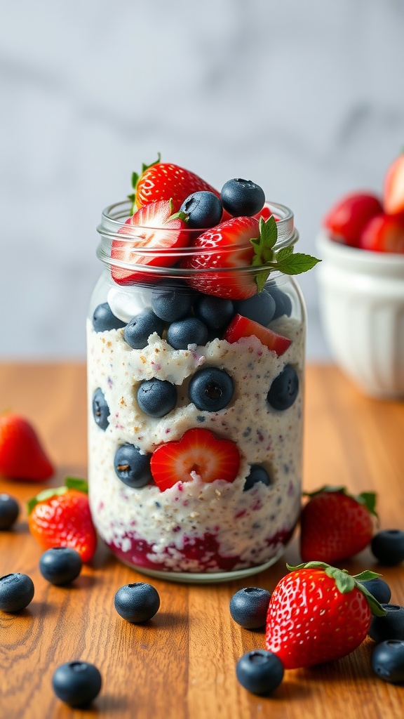 A jar of Berry Blast Overnight Oats topped with strawberries and blueberries.