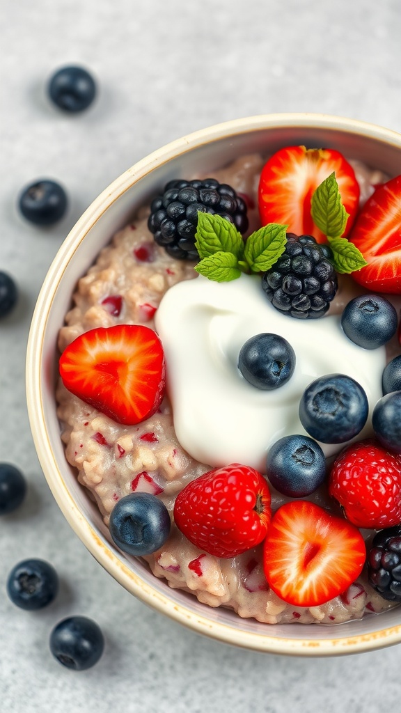 A bowl of oatmeal topped with various fresh berries and yogurt.