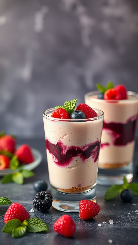 Berry cheesecake shots in cups with mixed berries and mint leaves.