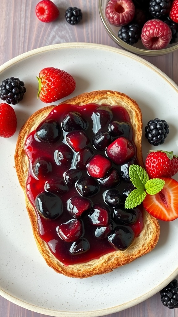 A slice of toast topped with berry chia jam, surrounded by fresh berries.