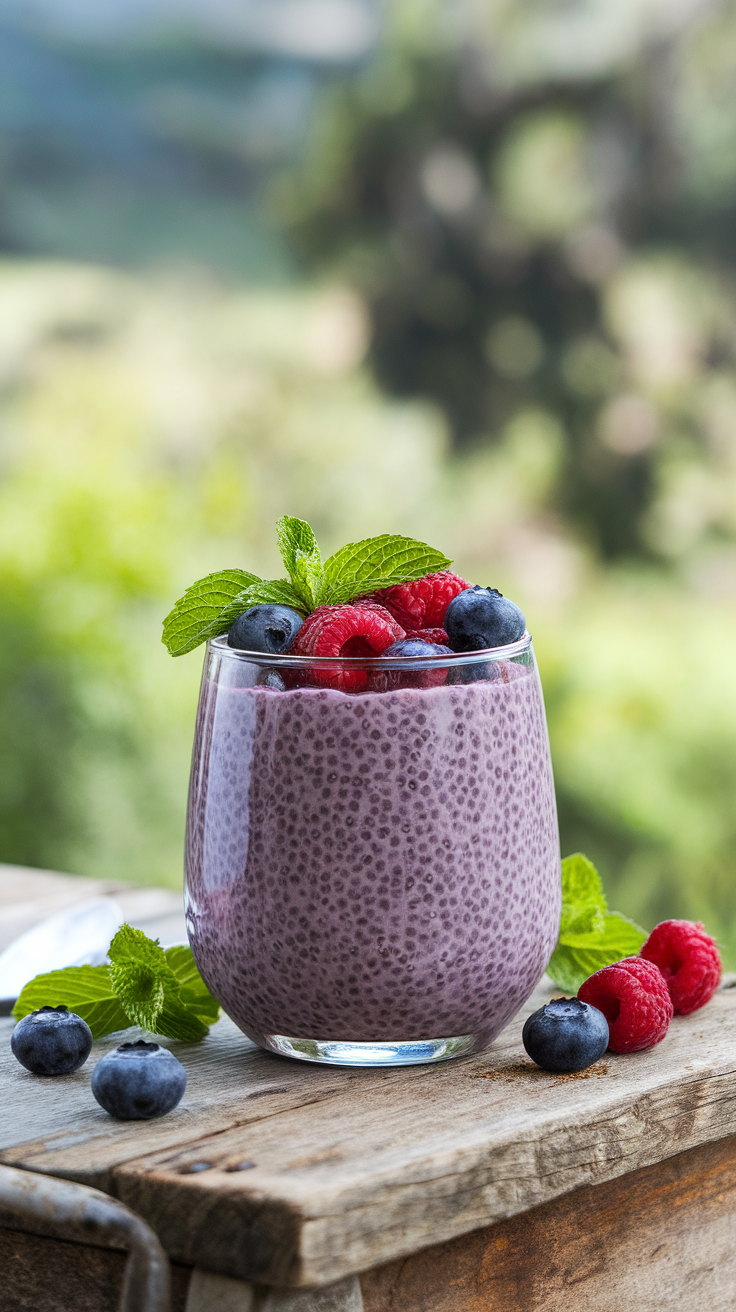 A glass of berry chia seed pudding topped with fresh raspberries and blueberries, garnished with mint leaves on a wooden surface.