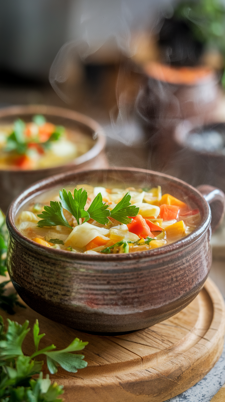 A steaming bowl of vegan cabbage soup garnished with parsley, with colorful vegetables visible.