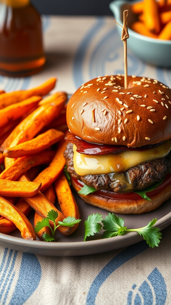 Delicious bison burger with sweet potato fries on a plate