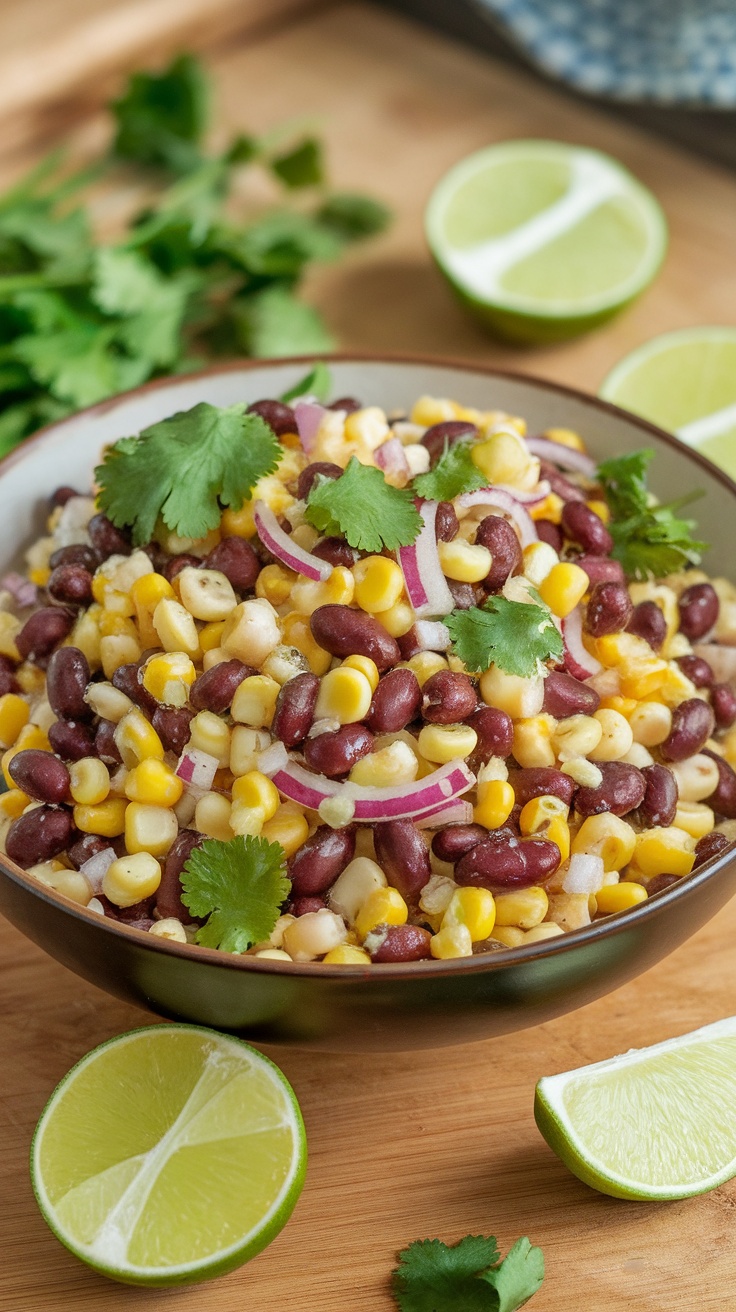 A vibrant bowl of black bean and corn salad with fresh cilantro and lime wedges