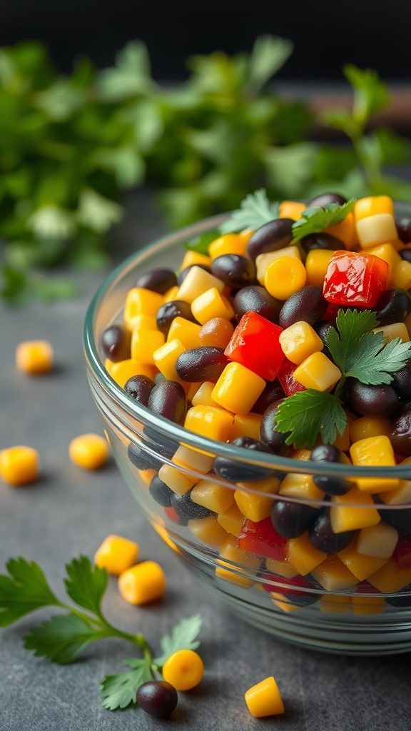 A colorful black bean and corn salad with diced vegetables and fresh herbs.