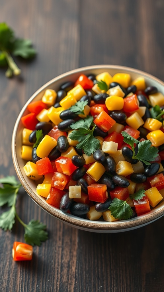 A vibrant black bean and corn salad with bell peppers and cilantro