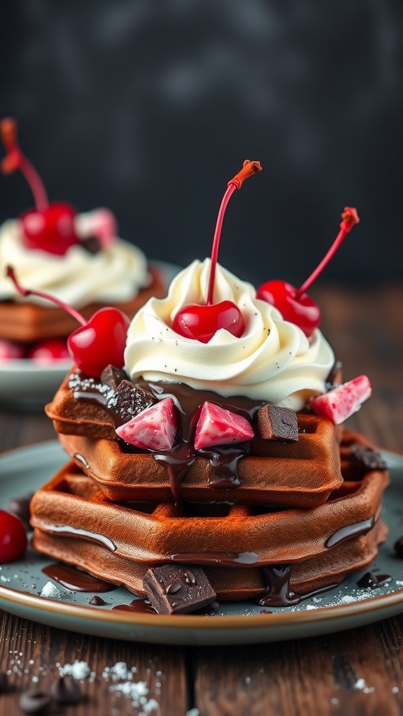 Delicious Black Forest Waffles topped with cherries and whipped cream