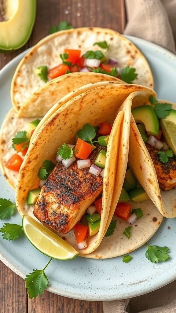 Blackened fish tacos with fresh toppings and lime on a plate.