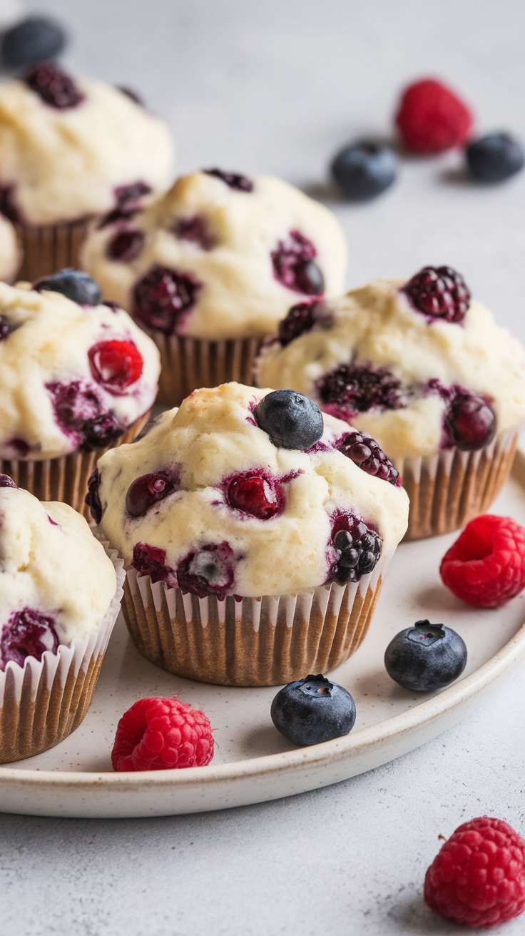 Mouth-watering muffins with various berries on top