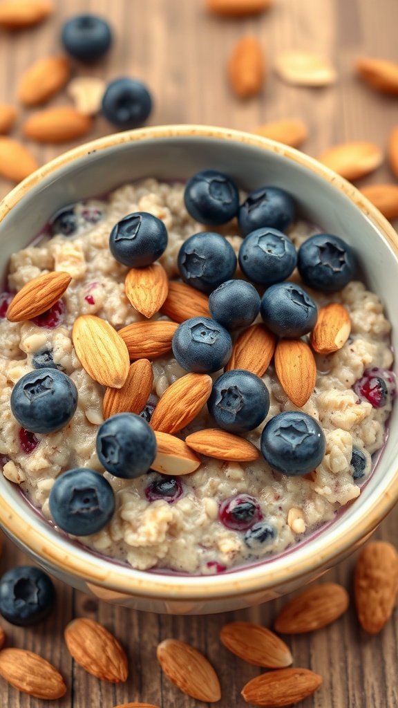 A bowl of blueberry almond oatmeal topped with fresh blueberries and sliced almonds.