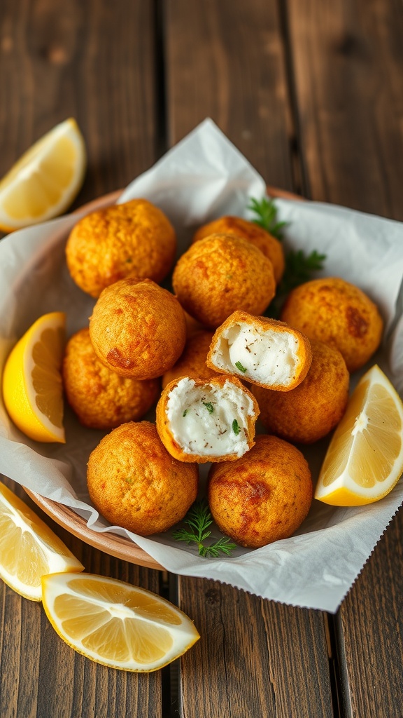 Bolinhos de Bacalhau, or codfish balls, served with lemon slices