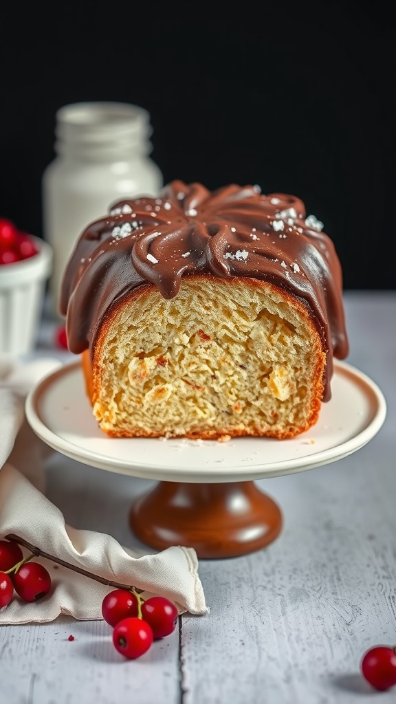 A slice of Brazilian carrot cake with chocolate glaze on a cake stand.