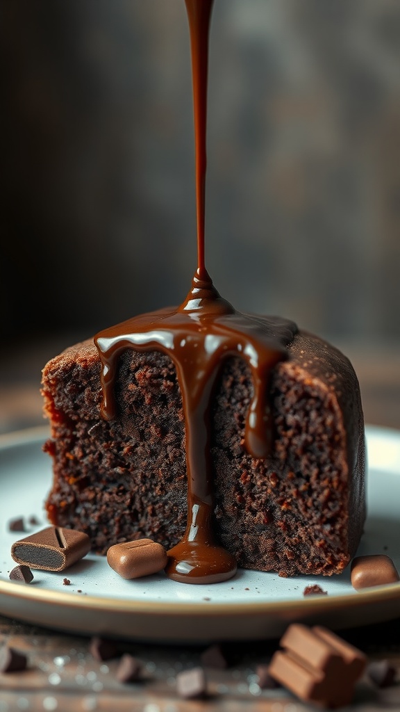 A slice of chocolate cake with chocolate sauce drizzling over it.