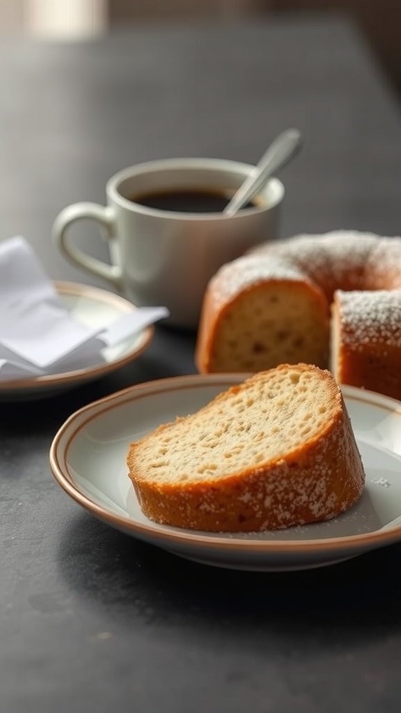 Sliced cornmeal cake on a plate with a cup of coffee