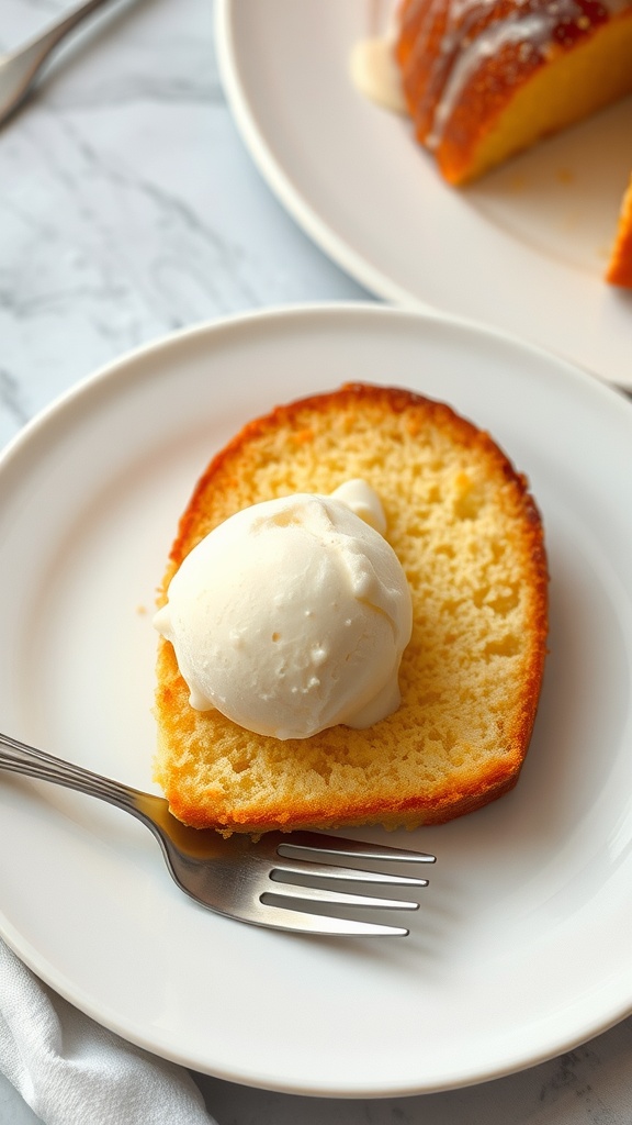 Slice of apple cake with vanilla ice cream on a plate