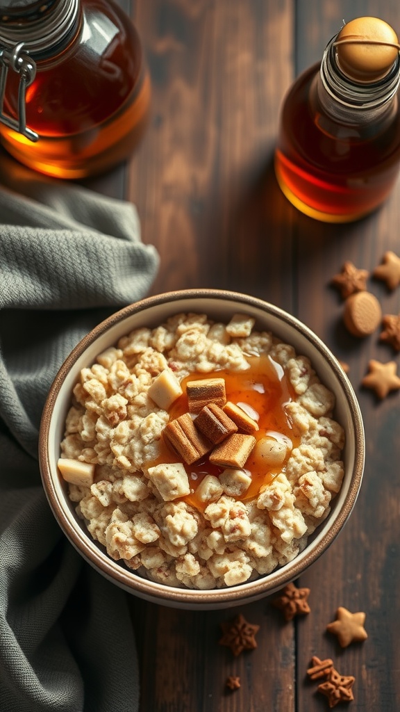 Bourbon Maple Oatmeal served in a bowl with maple syrup and toppings.