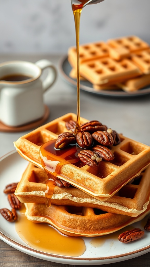 Stack of bourbon pecan waffles drizzled with syrup and topped with pecans.