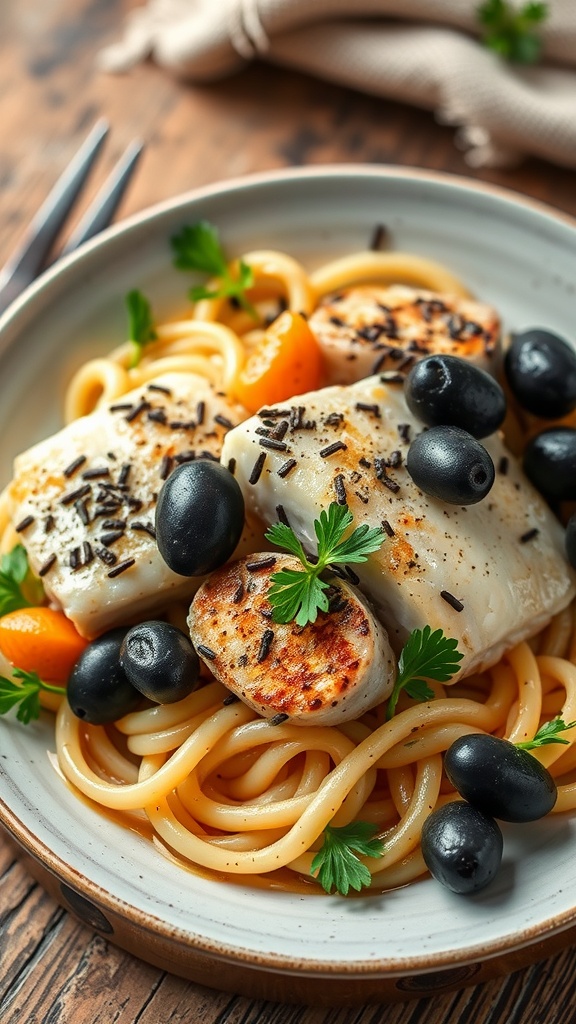 A plate of Brás-style Codfish with shredded salt cod, fried potatoes, black olives, and parsley